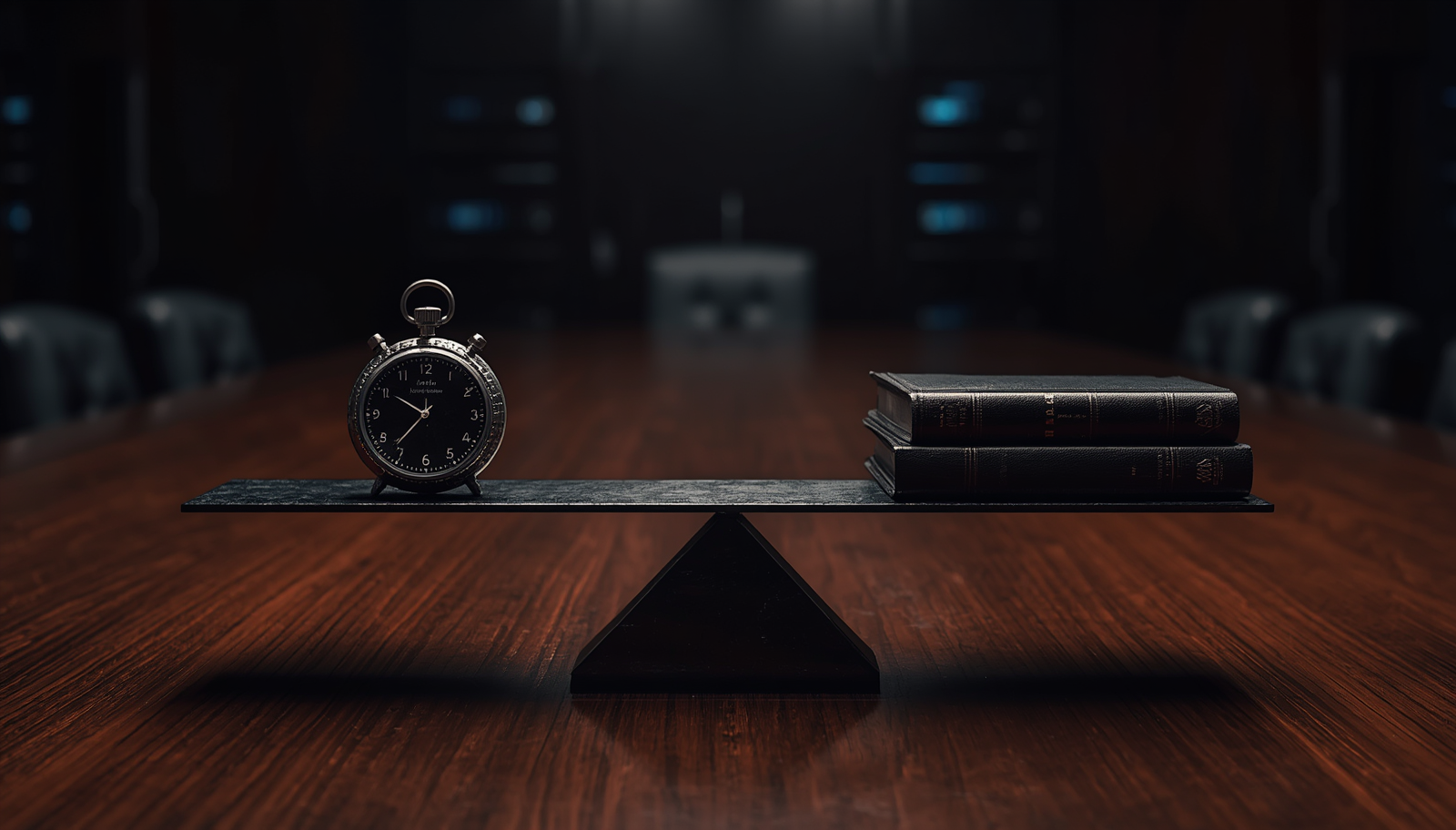 Um par de balanças geométricas abstratas feitas de aço escuro polido sobre uma mesa de mogno, onde o prato da esquerda segura um relógio cronômetro e o da direita segura um livro de leis.