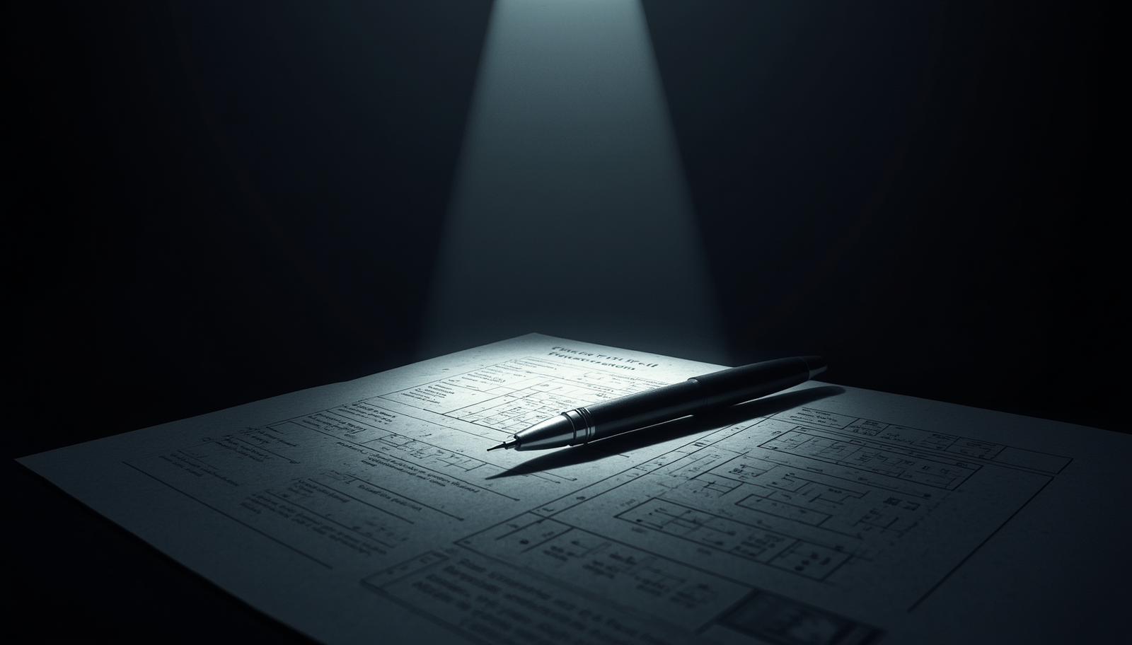 Um feixe de luz nítido e vertical cortando a penumbra de uma sala corporativa moderna, iluminando uma caneta executiva sobre um documento timbrado que detalha regras de segregação de funções.