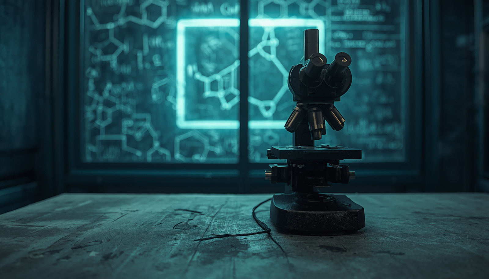 Um microscópio industrial antigo sobre uma mesa cinza de laboratório, com uma luz azulada de neon iluminando fórmulas químicas complexas desenhadas em um vidro opaco ao fundo.