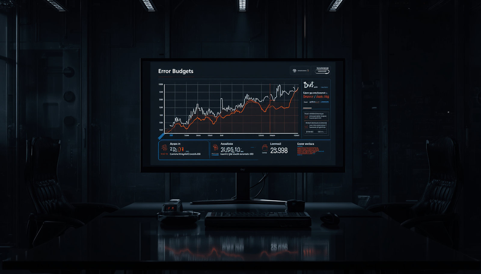 Um grande monitor fosco em uma sala de controle na penumbra, exibindo um painel de métricas SRE onde a barra de Error Budget pisca em um tom amarelo de alerta severo.