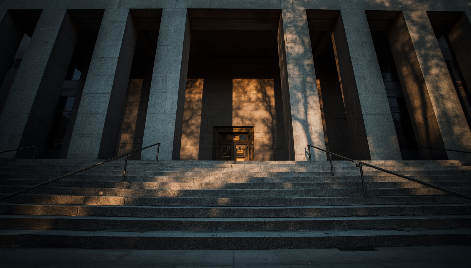 A fachada imponente de um palácio de justiça governamental feito de blocos maciços de granito cinza e colunas brutalistas escuras, capturada sob uma iluminação dramática de fim de tarde.