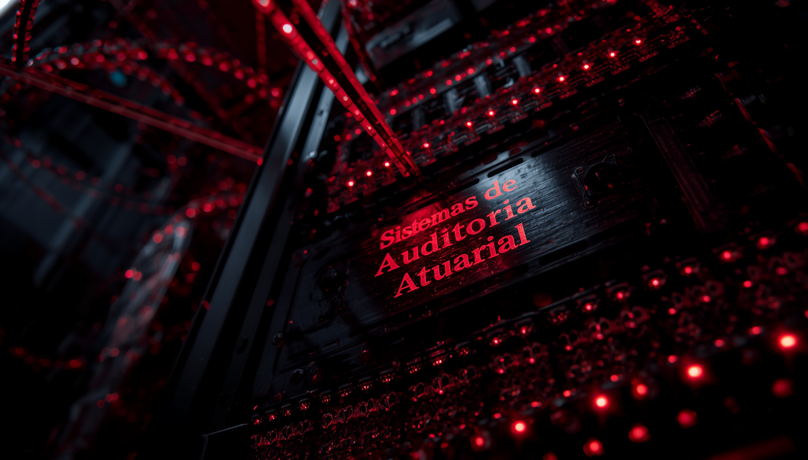 Um grande rack de servidores de dados operando na penumbra, com luzes de LED vermelhas refletindo em uma placa metálica fosca de auditoria de sistemas.