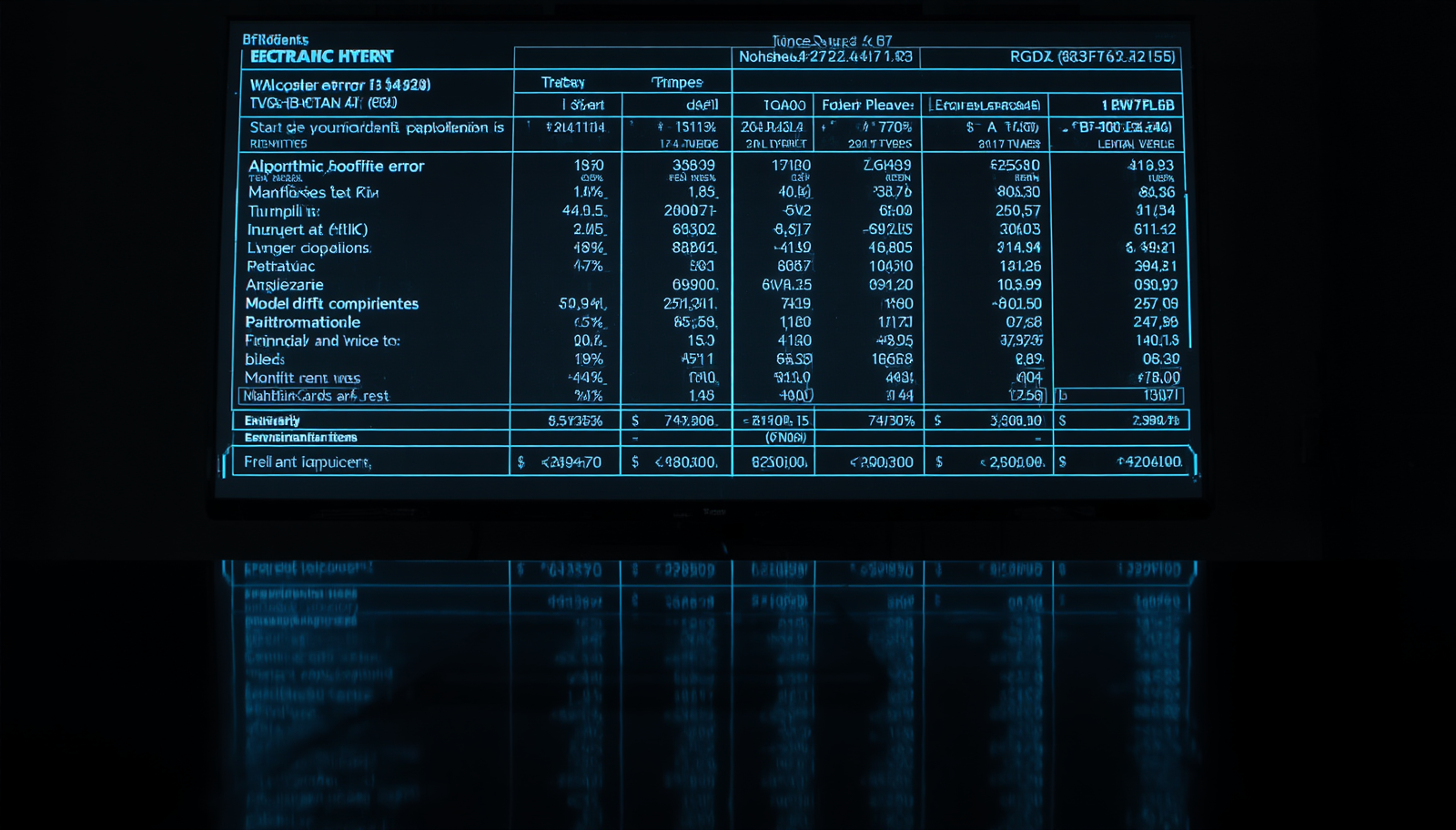 Um grande monitor corporativo fosco exibindo uma planilha de balanço contábil complexa onde variáveis matemáticas de risco algorítmico aparecem convertidas em rubricas de provisão financeira.