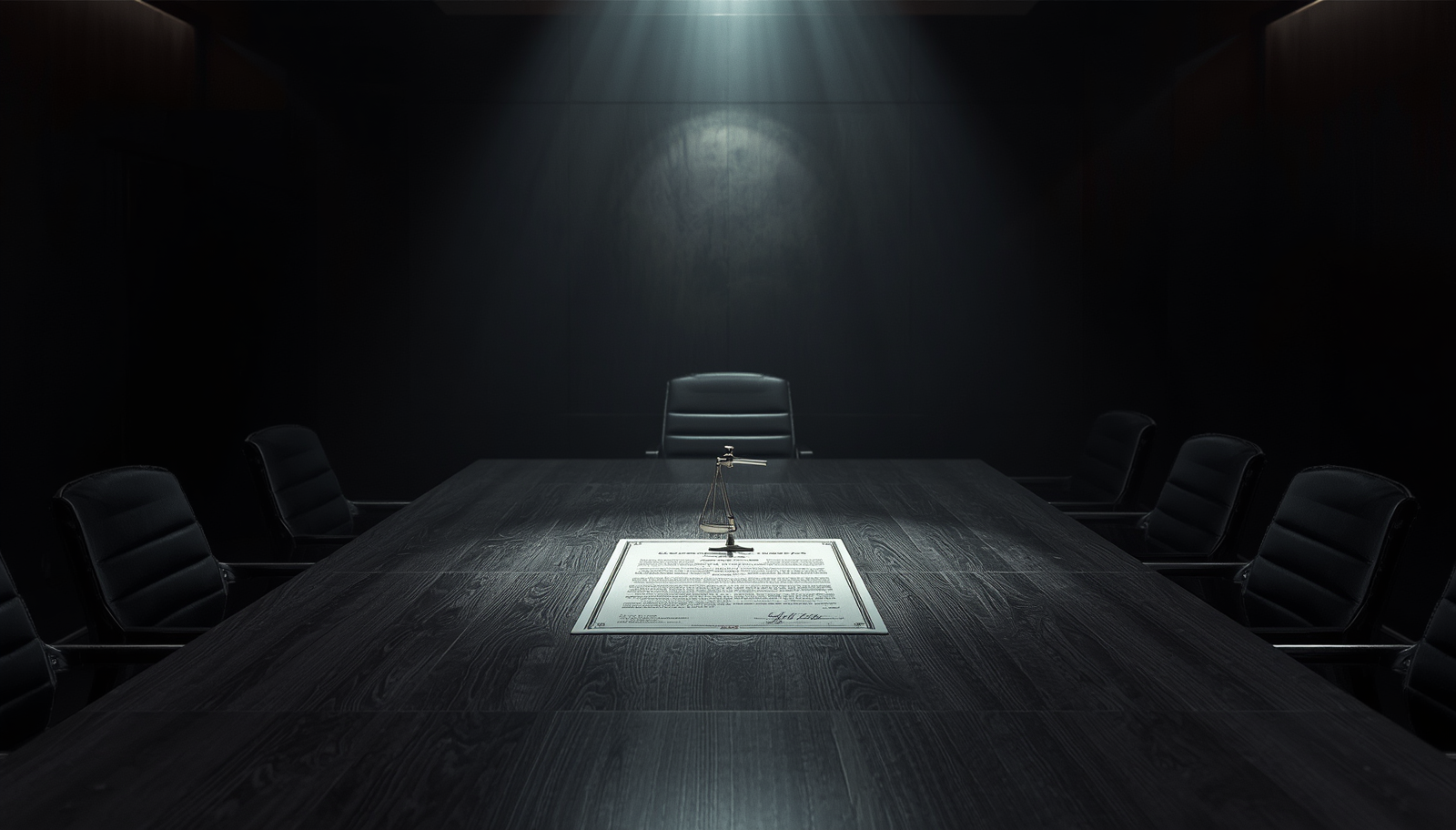 Uma caneta executiva de luxo de metal escuro repousando sobre uma ata de posse estatutária, iluminada por um feixe de luz focalizada em uma sala de conselho na penumbra.
