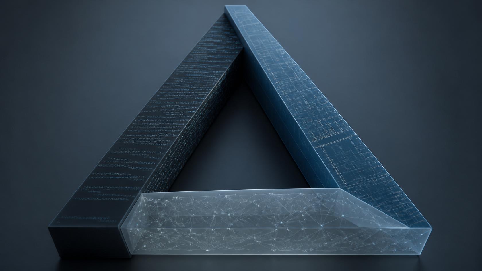 Um triângulo geométrico em renderização 3D representando a Tríplice Dívida de Storey, com o lado da dívida cognitiva — em padrão de rede neural — visivelmente mais translúcido e esmaecido que os lados de dívida técnica e dívida de intenção, evidenciando sua natureza invisível.