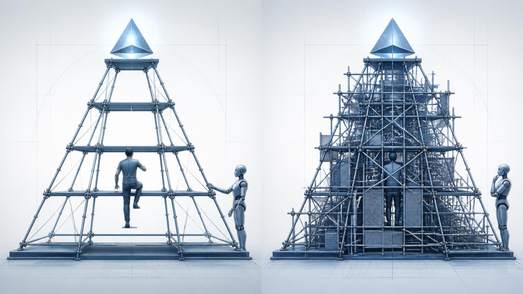Diagrama arquitetural comparando dois desenhos de programa de formação lado a lado: à esquerda, o “Scaffolding Estruturado”, onde o suporte de IA está integrado como andaimes ao redor do aprendiz, permitindo visão clara do percurso; à direita, o “Design de Substituição”, onde o andaime de IA obscurece completamente o aprendiz, escondendo o processo de construção do conhecimento.