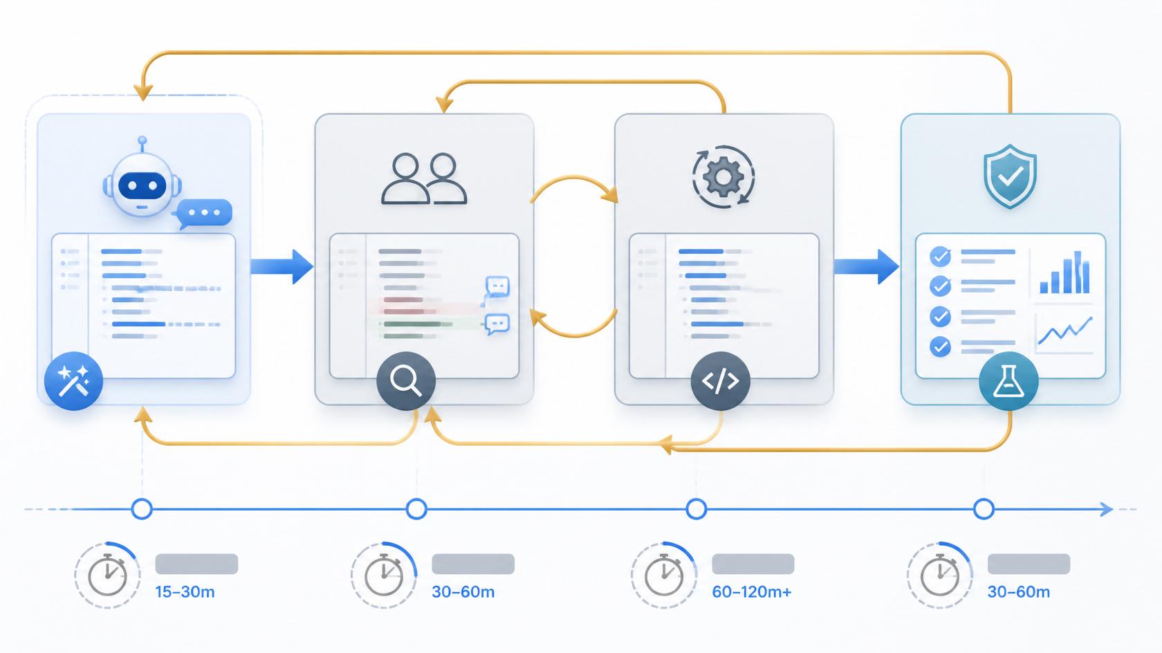 Um fluxograma de processo mostrando quatro etapas conectadas por setas: “Sugestão do Copiloto” seguida por “Ciclo de Revisão de Código” com múltiplos loops de retorno em dourado, depois “Refatoração” e finalmente “Testes”, com tempos estimados sob cada etapa, ilustrando que o fluxo assistido por IA é estruturalmente mais complexo do que aparenta à primeira vista.