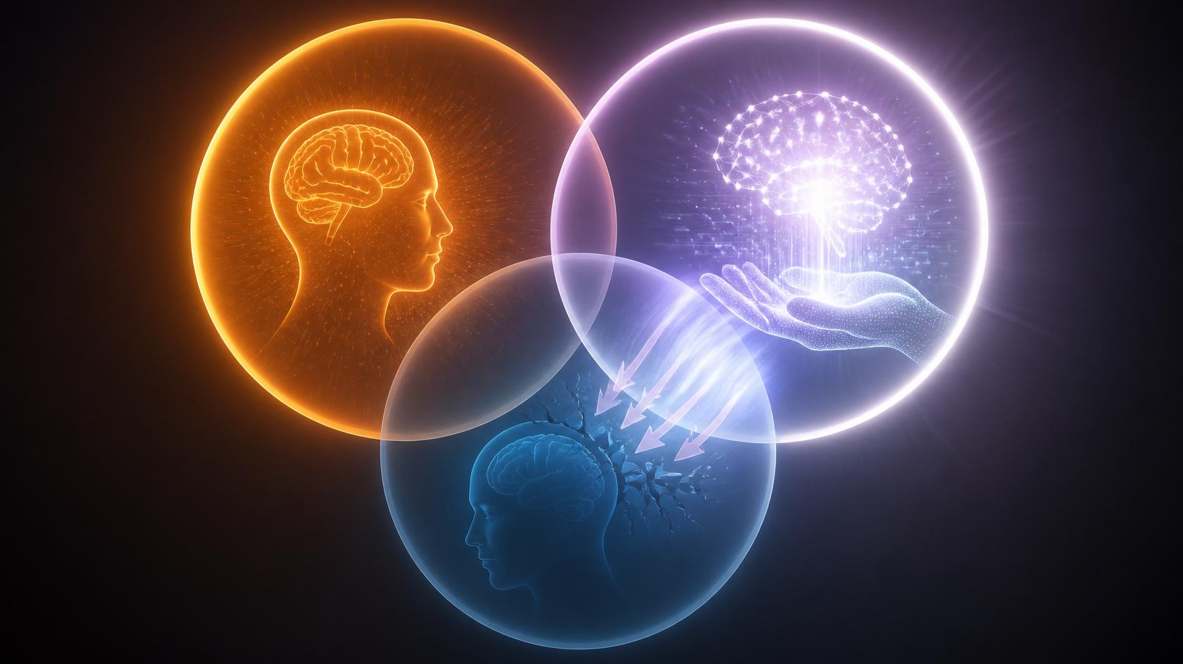 Três círculos sobrepostos representando o modelo de Kahneman estendido: “Sistema 1” instintivo e sempre brilhante, “Sistema 2” deliberado e lento, mostrado com transparência reduzida indicando enfraquecimento na presença de IA, e “Sistema 3” — a camada de decisão assistida por IA, proposta autoral desta série — brilhante e dominante, ilustrando visualmente o colapso do pensamento deliberado sob pressão do sistema algorítmico.