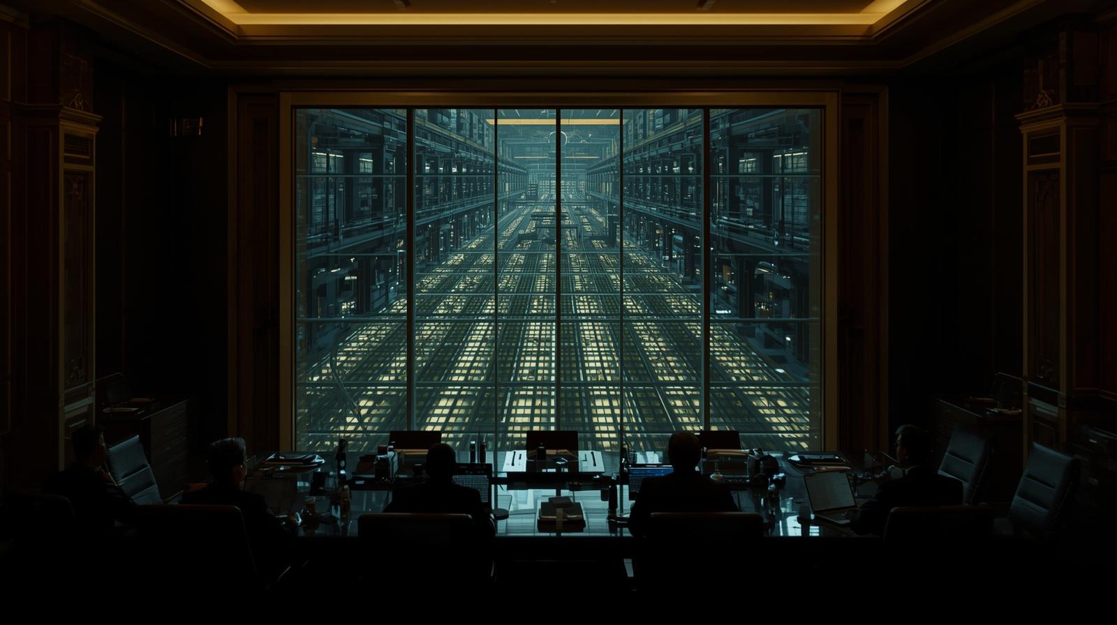 Perspectiva de uma imponente sala do Conselho de Administração (Boardroom) no topo de um edifício, com os executivos como silhuetas, observando, através de uma vasta janela de vidro, uma “fábrica” algorítmica operando em total sincronia no andar de baixo. A supremacia da supervisão humana.