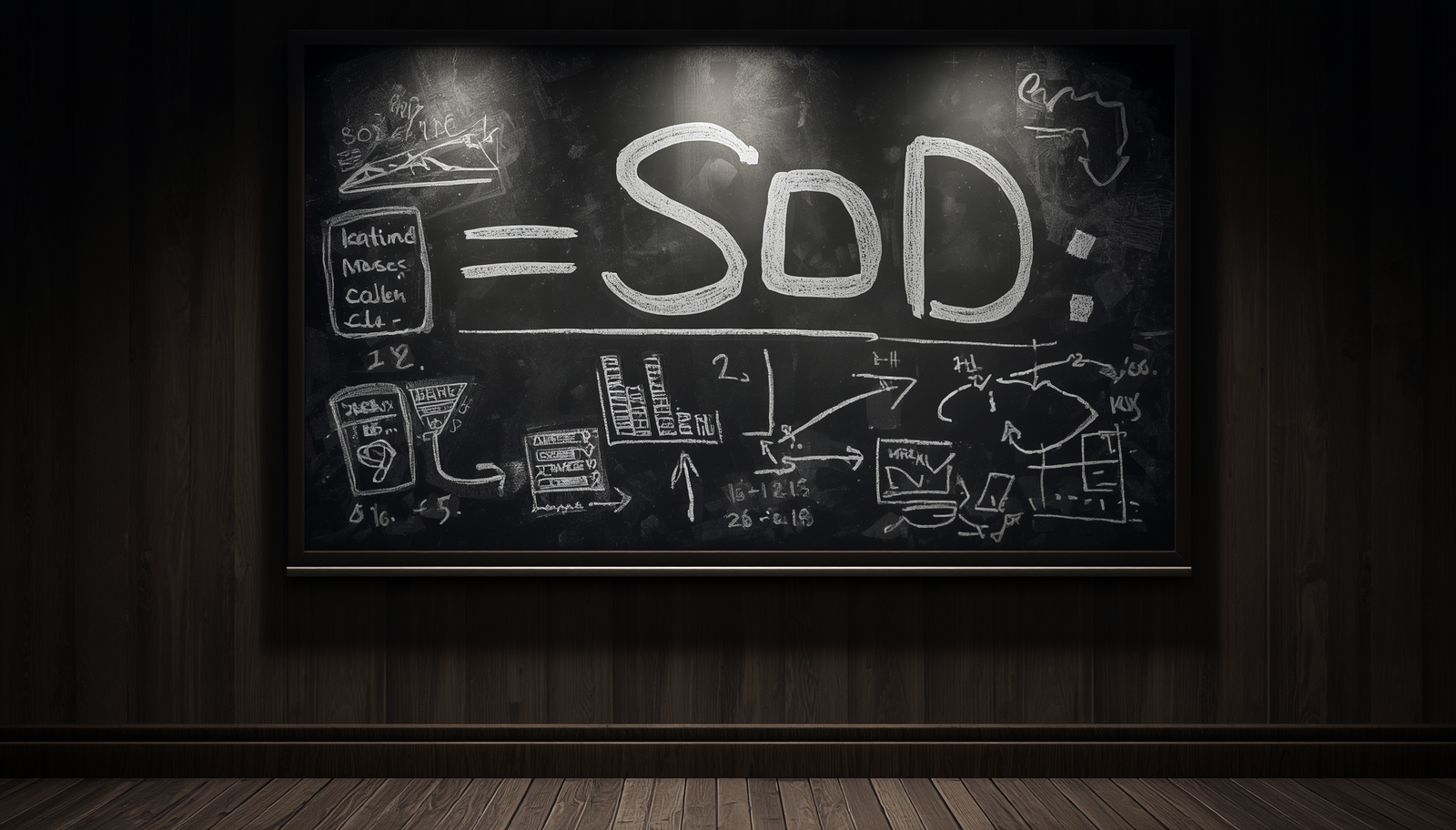 A imagem exibe uma lousa rústica de madeira escura com equações matemáticas e fluxogramas de decisão desenhados com giz branco, simbolizando a imposição do atrito positivo analógico.