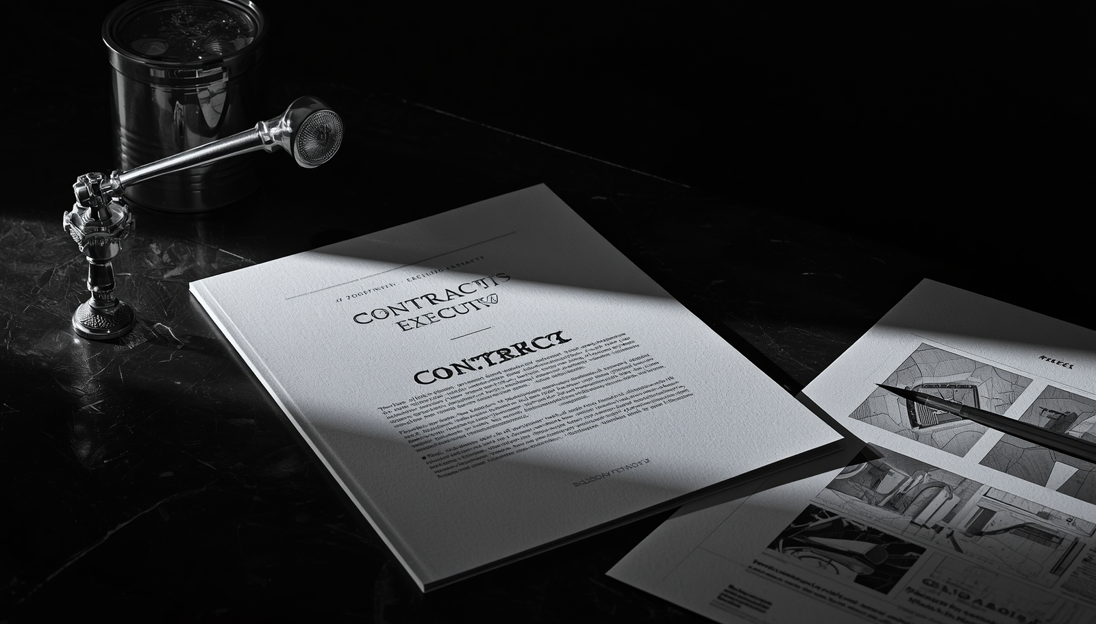 Fotografia com iluminação lateral dramática exibindo um contrato executivo sobre uma mesa de mogno, com uma caneta de luxo pesada e relatórios com gráficos atuariais ao fundo.