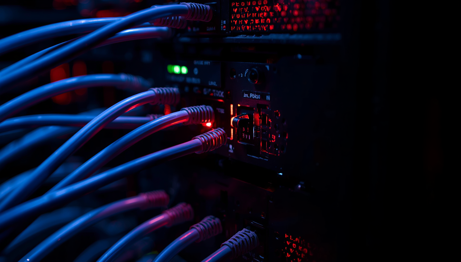 A imagem exibe um painel eletrônico escuro de servidores onde um disjuntor físico vermelho se destaca entre feixes de fibra óptica azul ciano, simbolizando os mecanismos técnicos de circuit breakers.