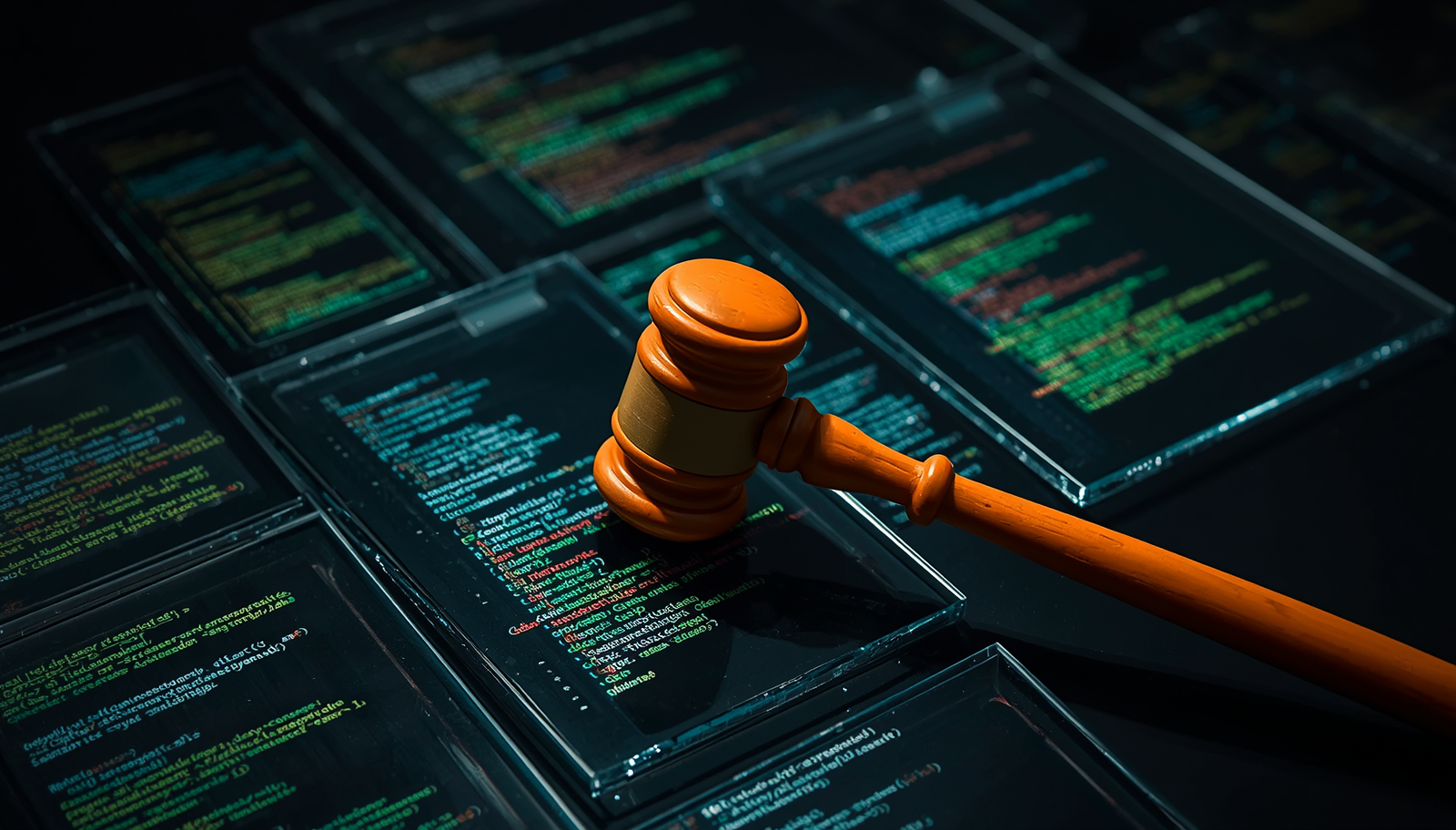 Um martelo de tribunal feito de aço brilhante repousa sobre telas translúcidas que exibem logs de um erro de comunicação gerado por chatbot.