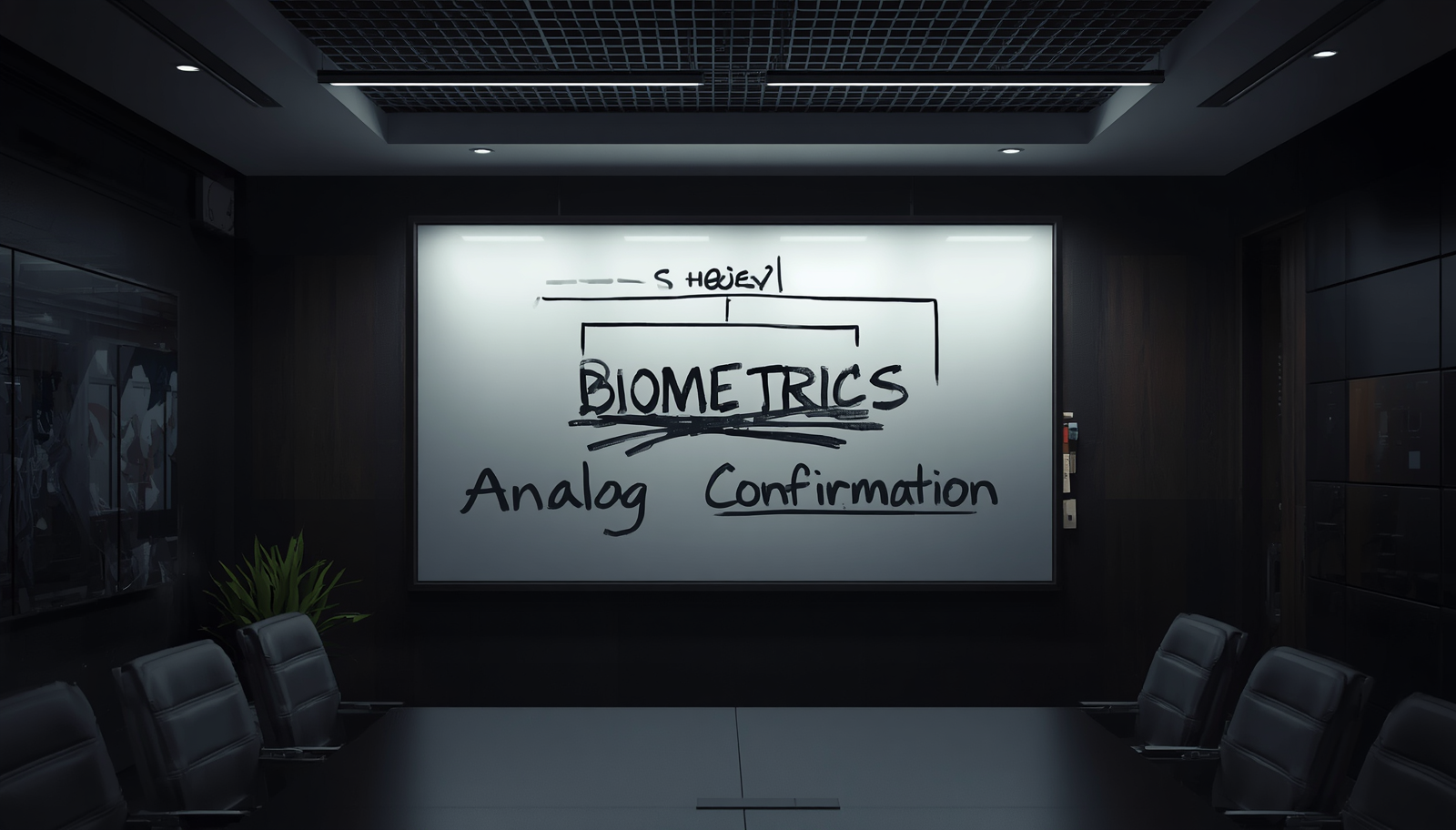 Um quadro branco de estratégias corporativas exibe esquemas de aprovação financeira, onde a palavra “Biometria” foi riscada e substituída por “Confirmação Analógica”.