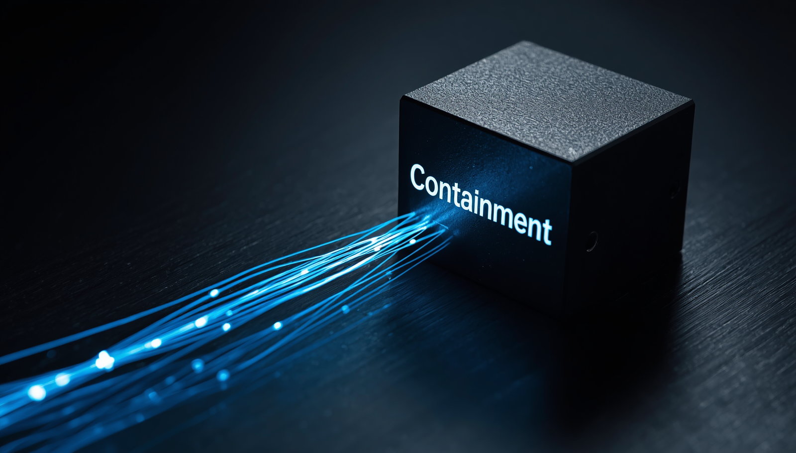 Uma imagem detalhada que mescla nós de rede brilhantes sendo travados por bloqueios físicos do tipo Air-Gap. A palavra “Containment” brilha em tons metálicos profundos.