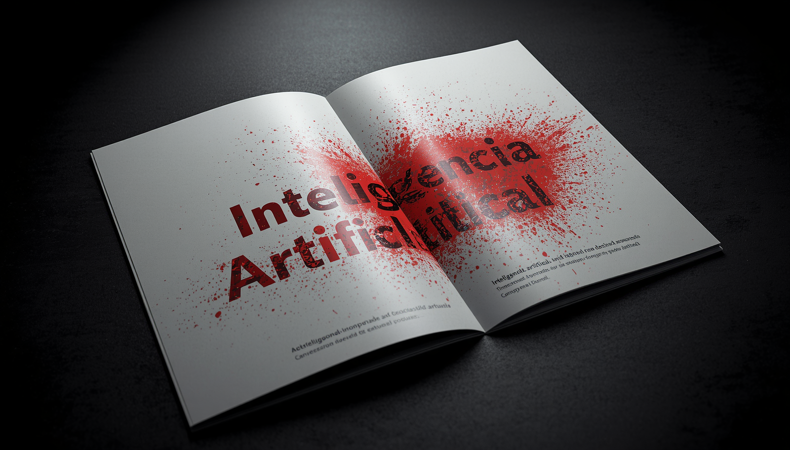 Um luxuoso brochure corporativo de marketing sobre a mesa do conselho, onde a palavra Inteligência Artificial foi violentamente riscada e rasurada com tinta de caneta vermelha.