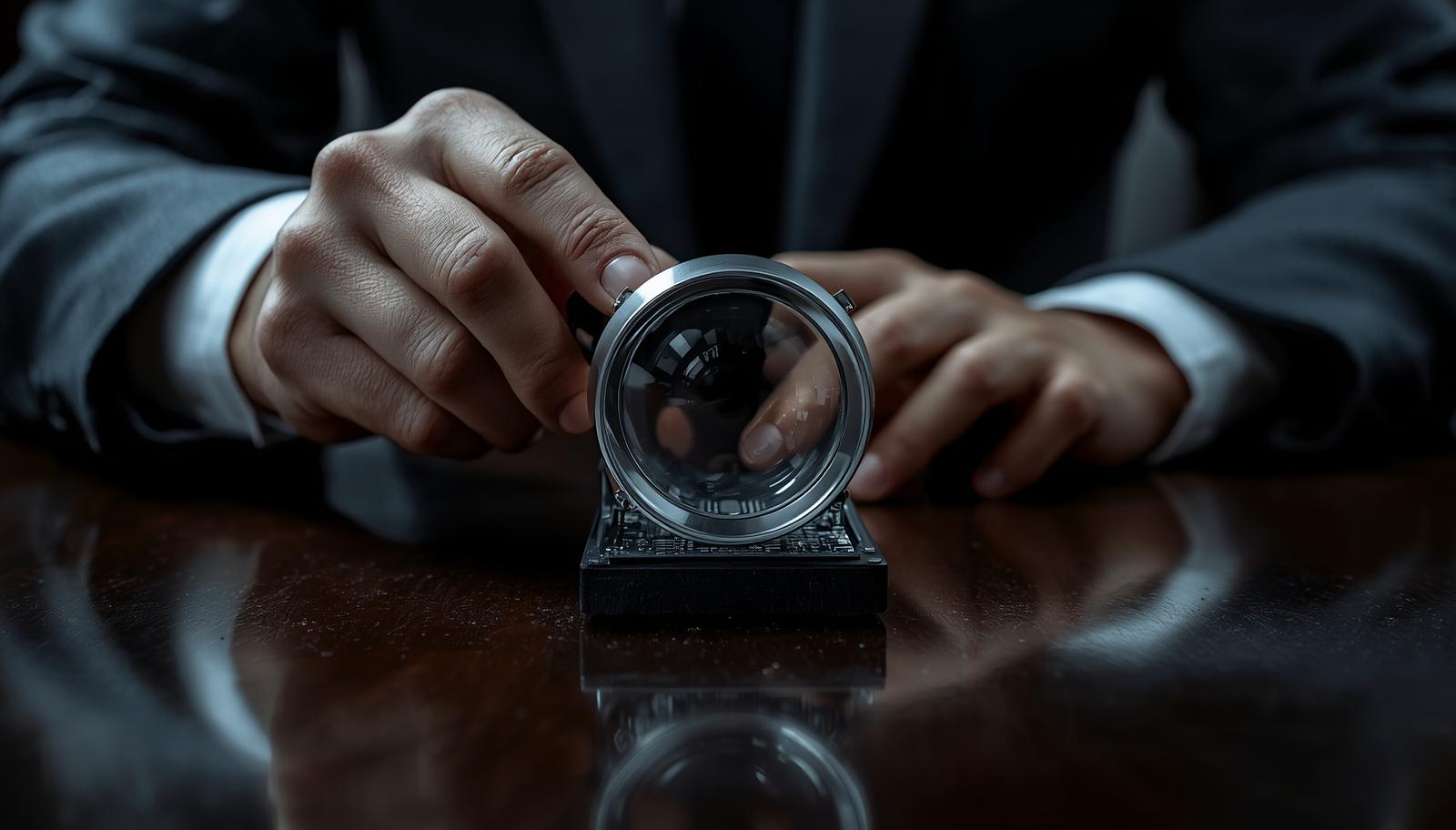 A imagem exibe uma mesa de mogno onde um oficial de conformidade segura uma lupa forense sobre um pequeno e escuro servidor de dados, simbolizando a investigação técnica profunda.