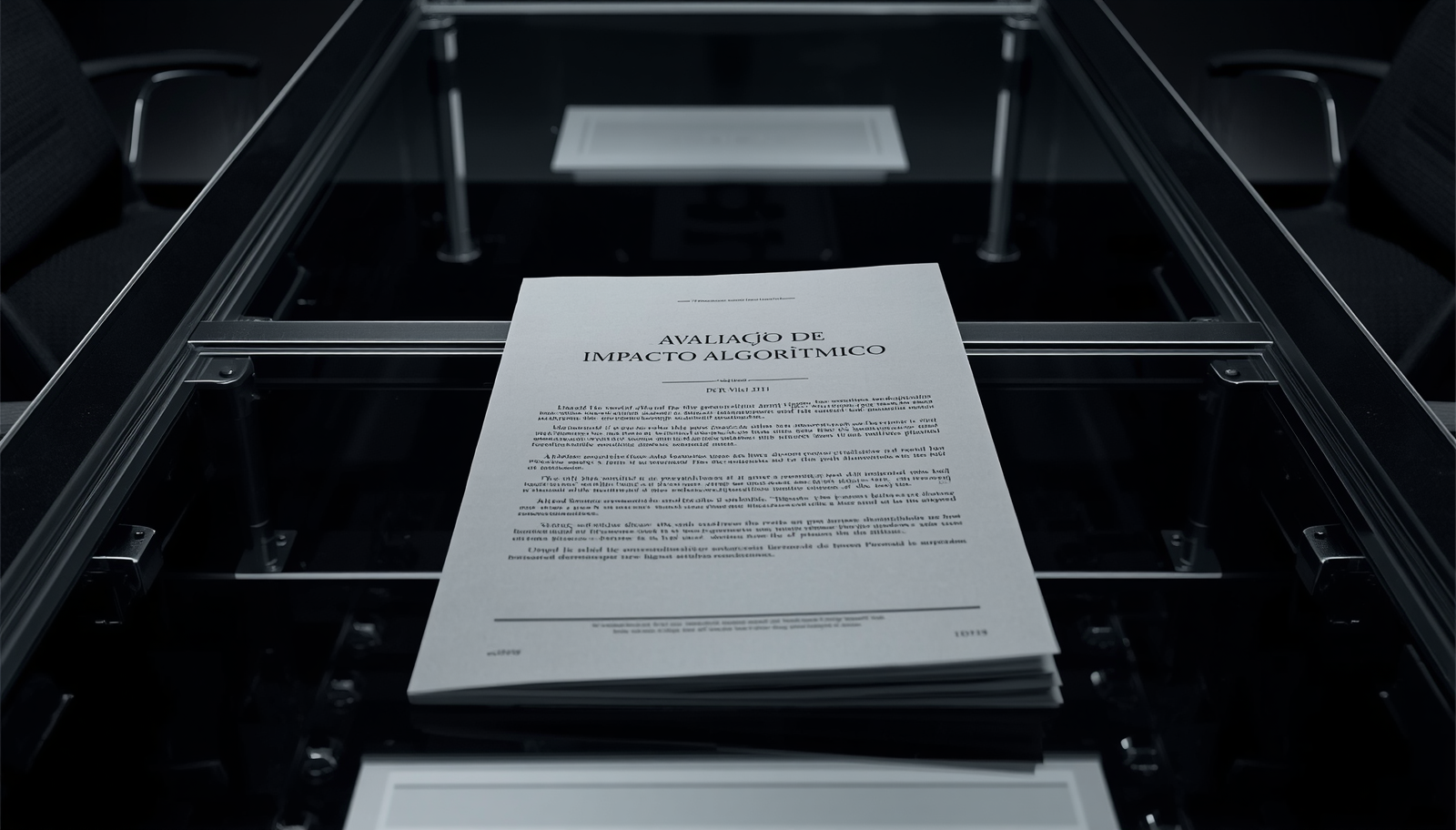 Um documento oficial rotulado como AIA repousando em uma mesa de vidro, cercado por canetas de luxo e anotações forenses detalhadas.