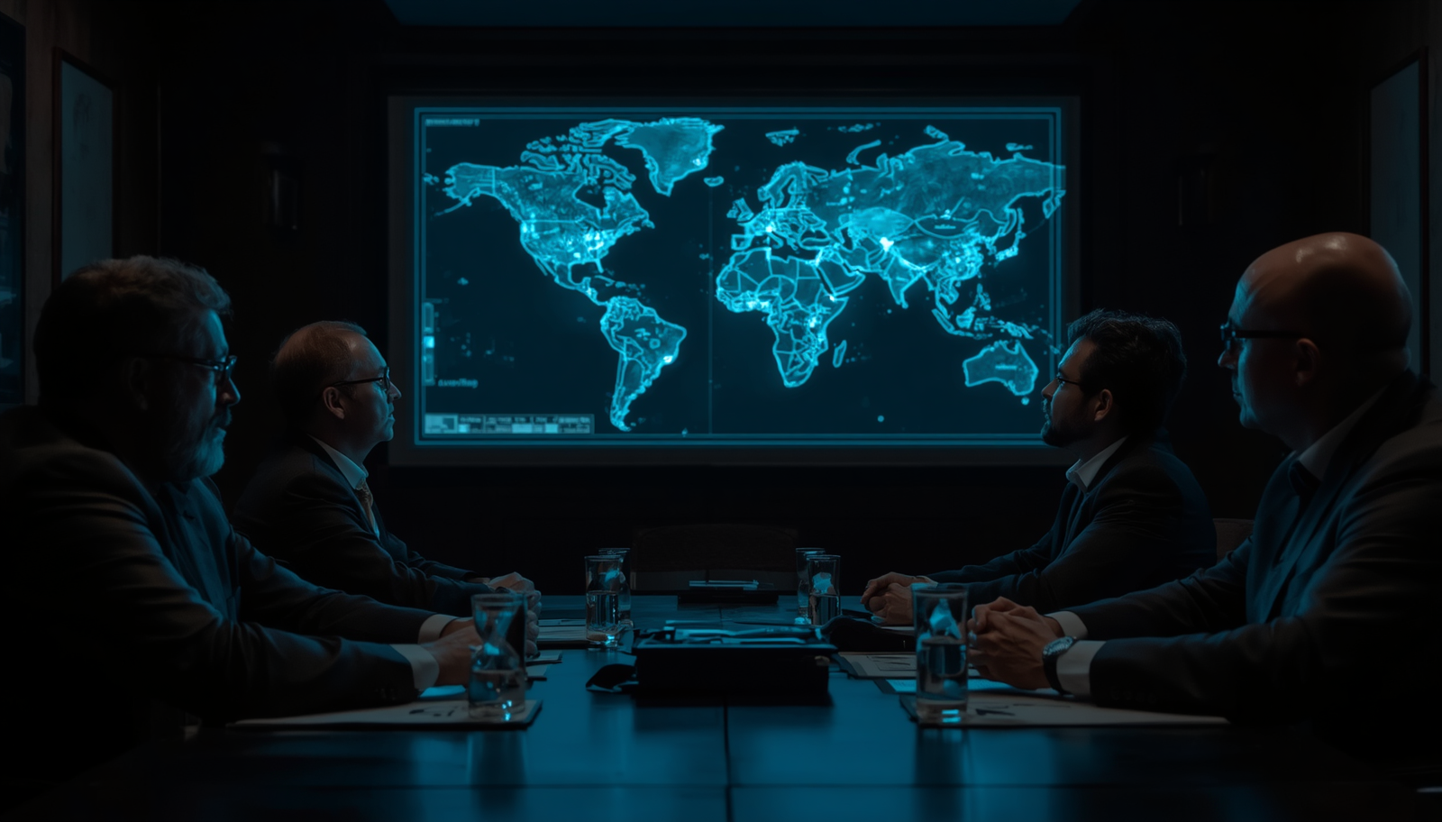 A imagem exibe um grupo de conselheiros focados analisando projeções de governança corporativa projetadas holograficamente em um painel escuro.