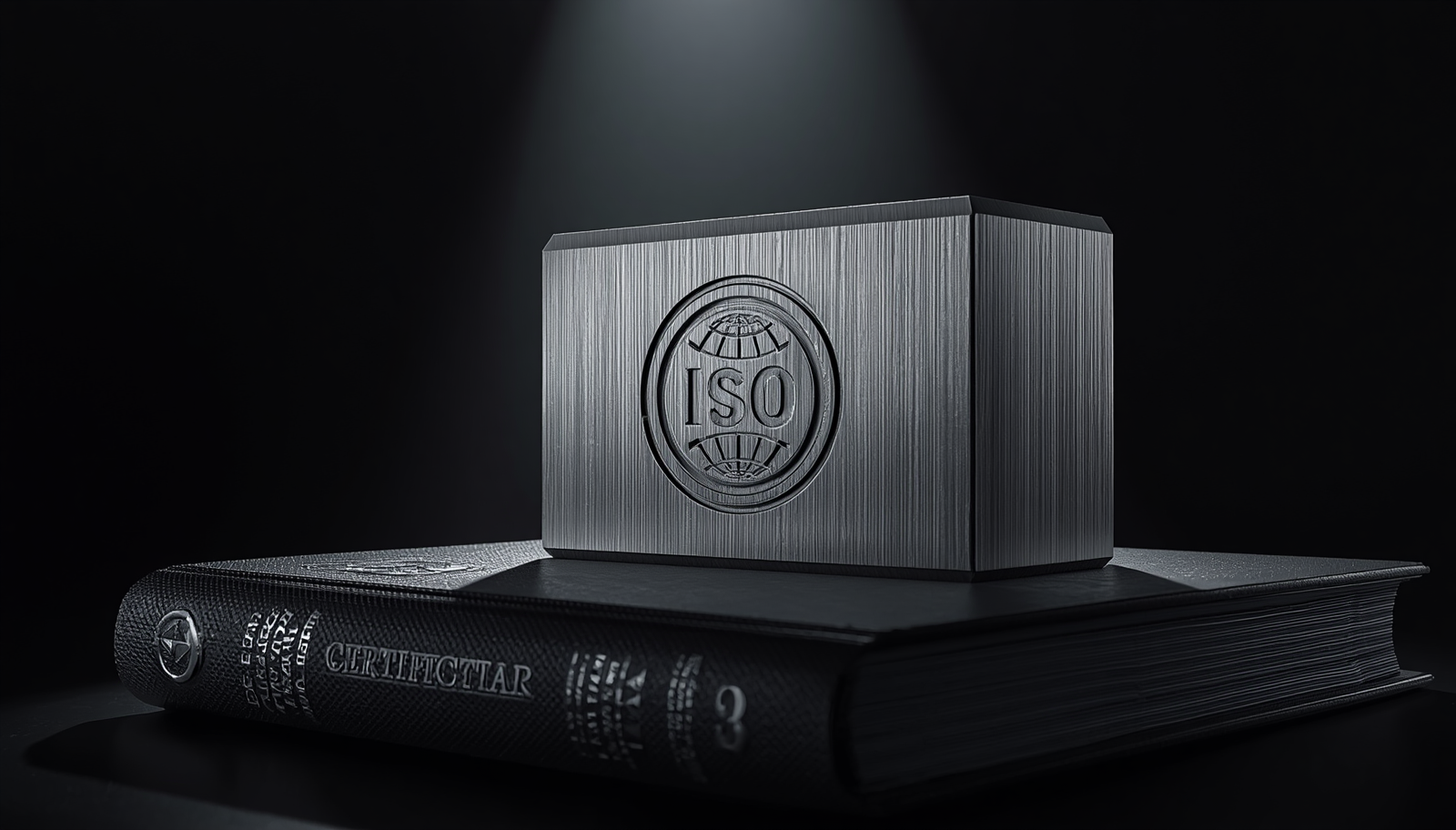 Um selo de certificação ISO gravado em metal sobre uma pasta de documentos executivos, repousando em uma mesa de diretoria com iluminação centralizada.