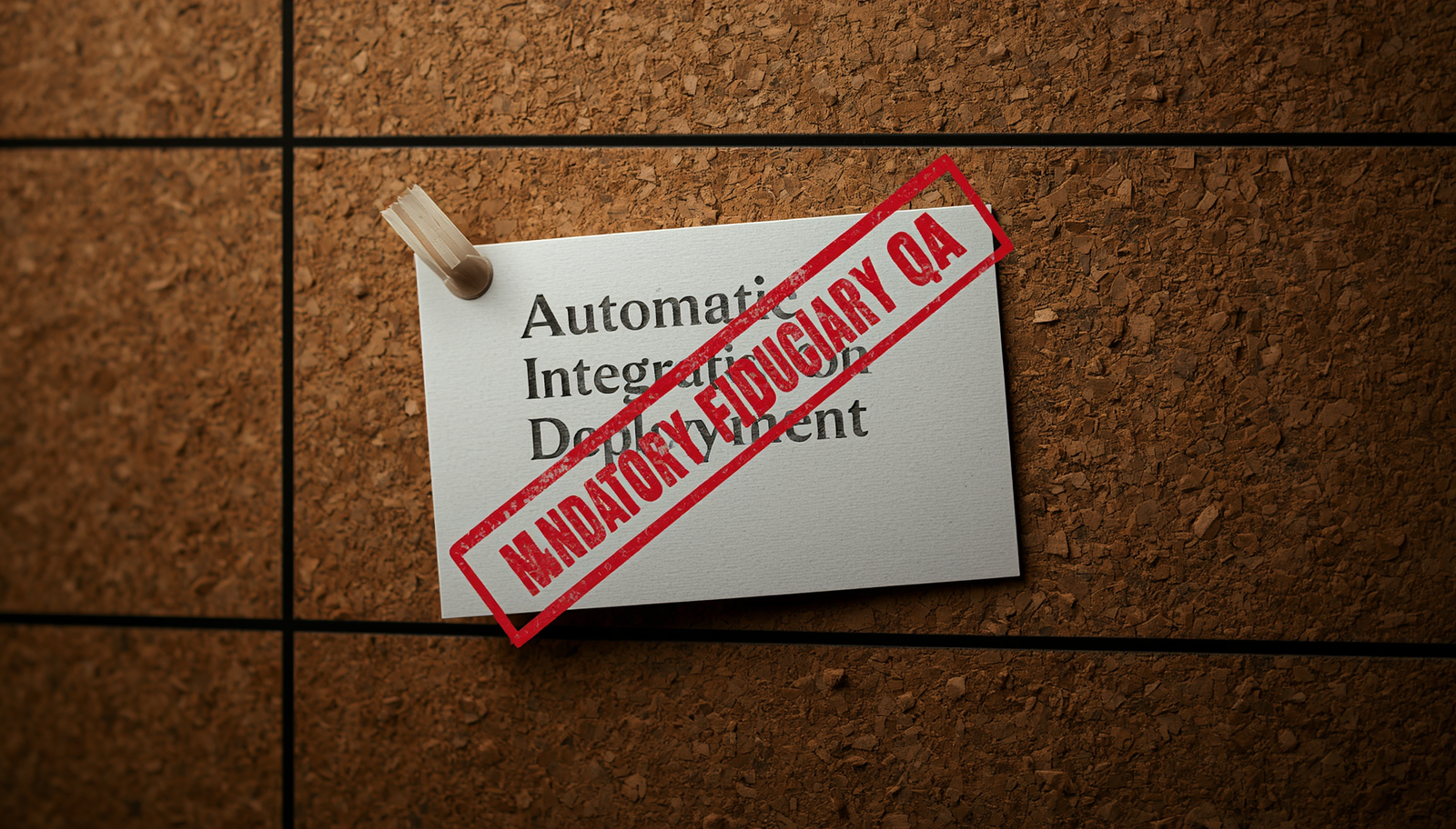 Um quadro físico de gestão de tarefas (Kanban) exibe um cartão de “Deploy Automático” firmemente bloqueado por um espesso carimbo vermelho de “QA Fiduciário Obrigatório”.
