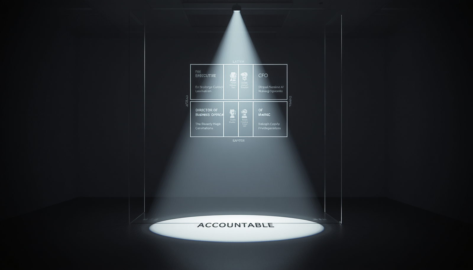 A estrutura tática de uma matriz RACI corporativa encontra-se projetada em luz de alto contraste sobre vidro, enquadrando os nomes do CFO e do Diretor de Operações na coluna principal marcada como “Accountable”.