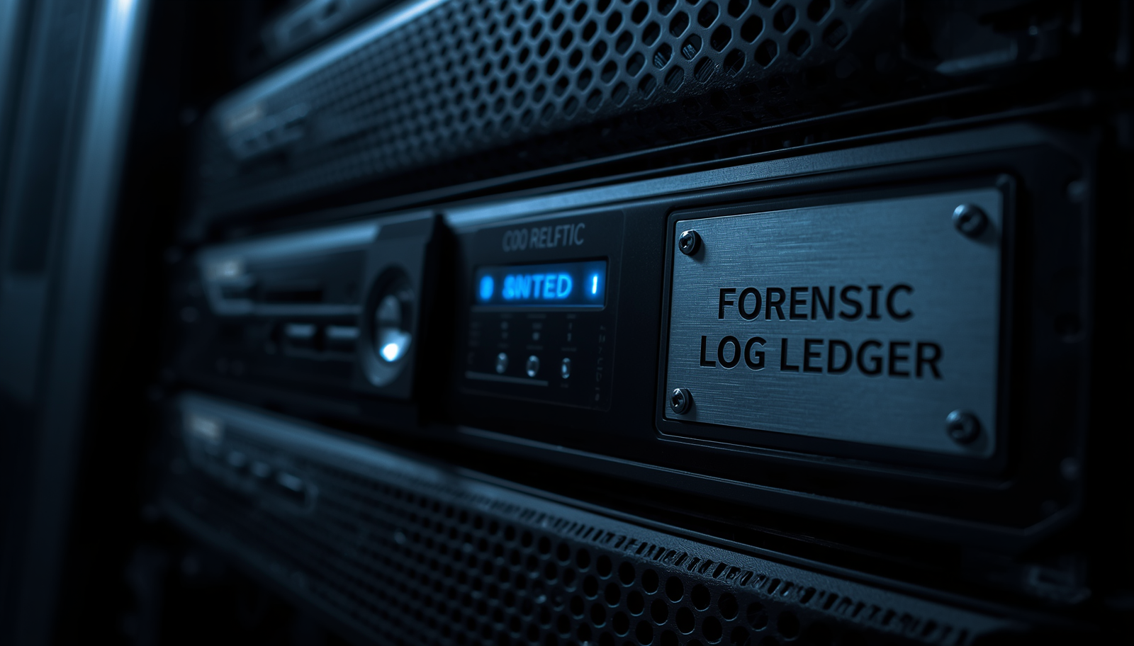 Fotografia em close macro de um rack de servidores escuro, com luzes de LED azul ciano refletindo em uma placa metálica que porta a inscrição gravada “Forensic Log Ledger”.
