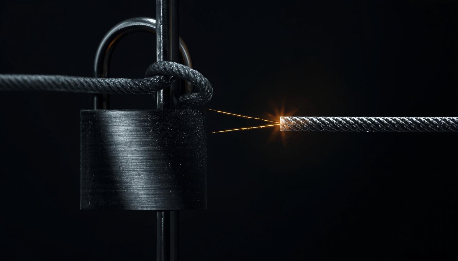 Visão microscópica de uma fibra óptica com uma fissura por onde escapa uma luz dourada, simbolizando a exfiltração silenciosa de Propriedade Intelectual através da telemetria algorítmica