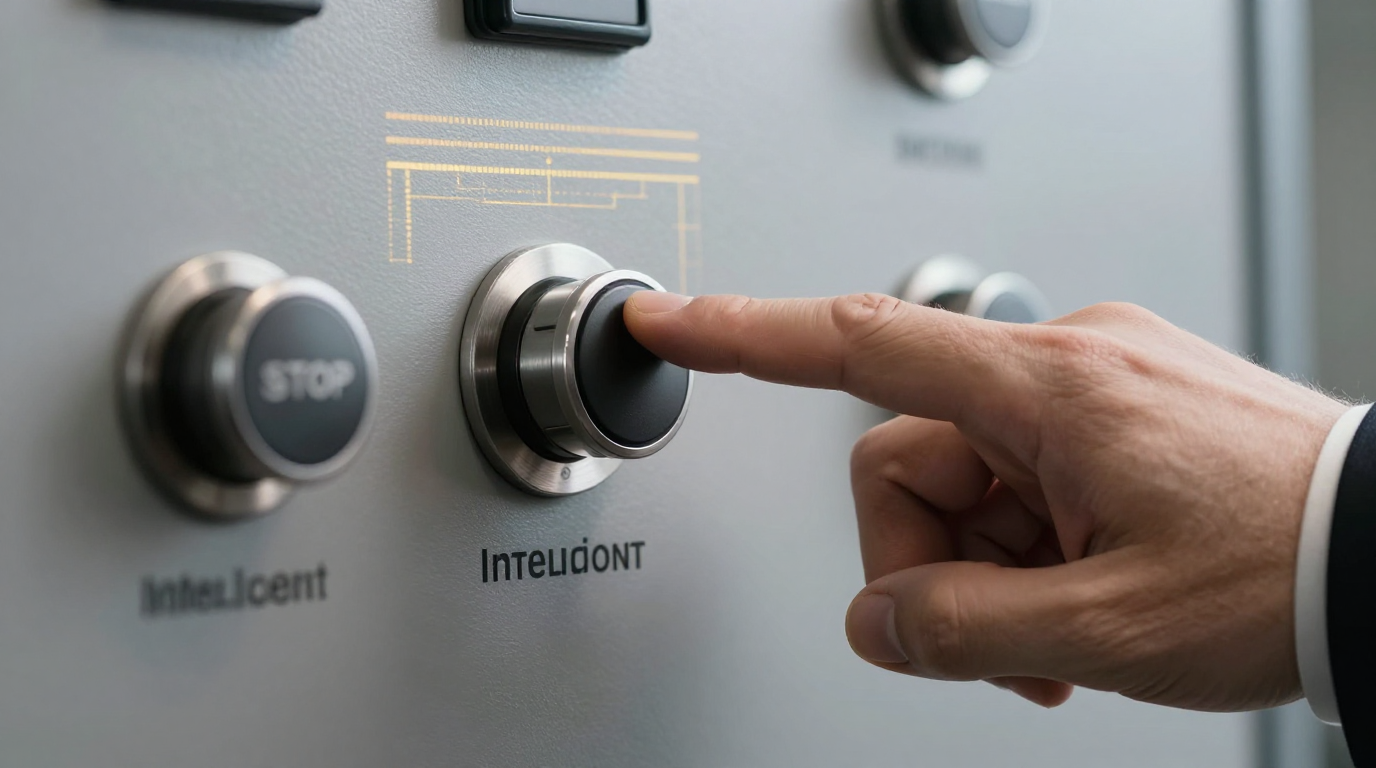 Um botão industrial de parada de emergência (Kill Switch) analógico sendo pressionado por uma mão humana, simbolizando o veto fiduciário sobre a falha algorítmica em sistemas físicos