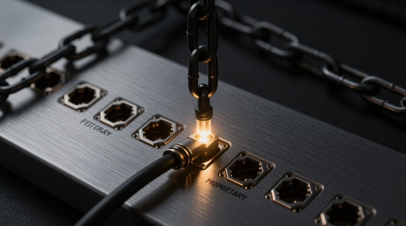 Um executivo cortando correntes de obsidiana que prendem um cérebro digital dourado, simbolizando a ruptura do Vendor Lock-in e a retomada da soberania tecnológica
