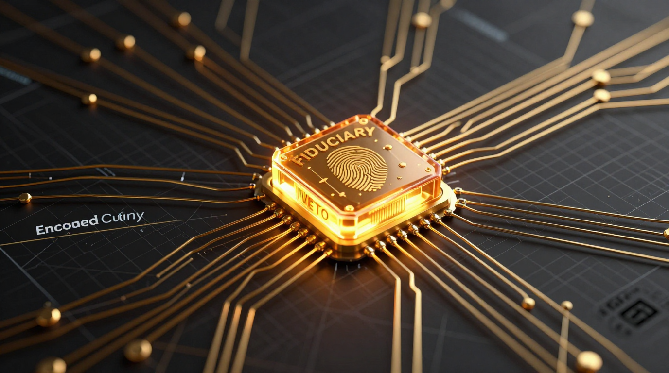 Topologia de rede High-Tech Noir exibindo o fluxo de dados sendo interrompido em um nó de controle dourado marcado como ‘FIDUCIARY VETO’, simbolizando a Segregação de Funções nativa no código