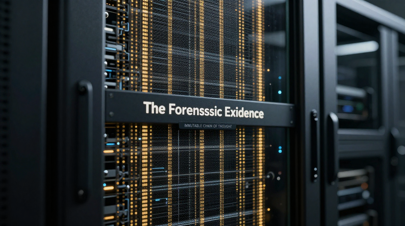 Um servidor de dados de obsidiana com luzes internas douradas, protegido por um painel de vidro blindado onde se lê ‘FORENSIC TELEMETRY’, simbolizando a custódia imutável do raciocínio algorítmico