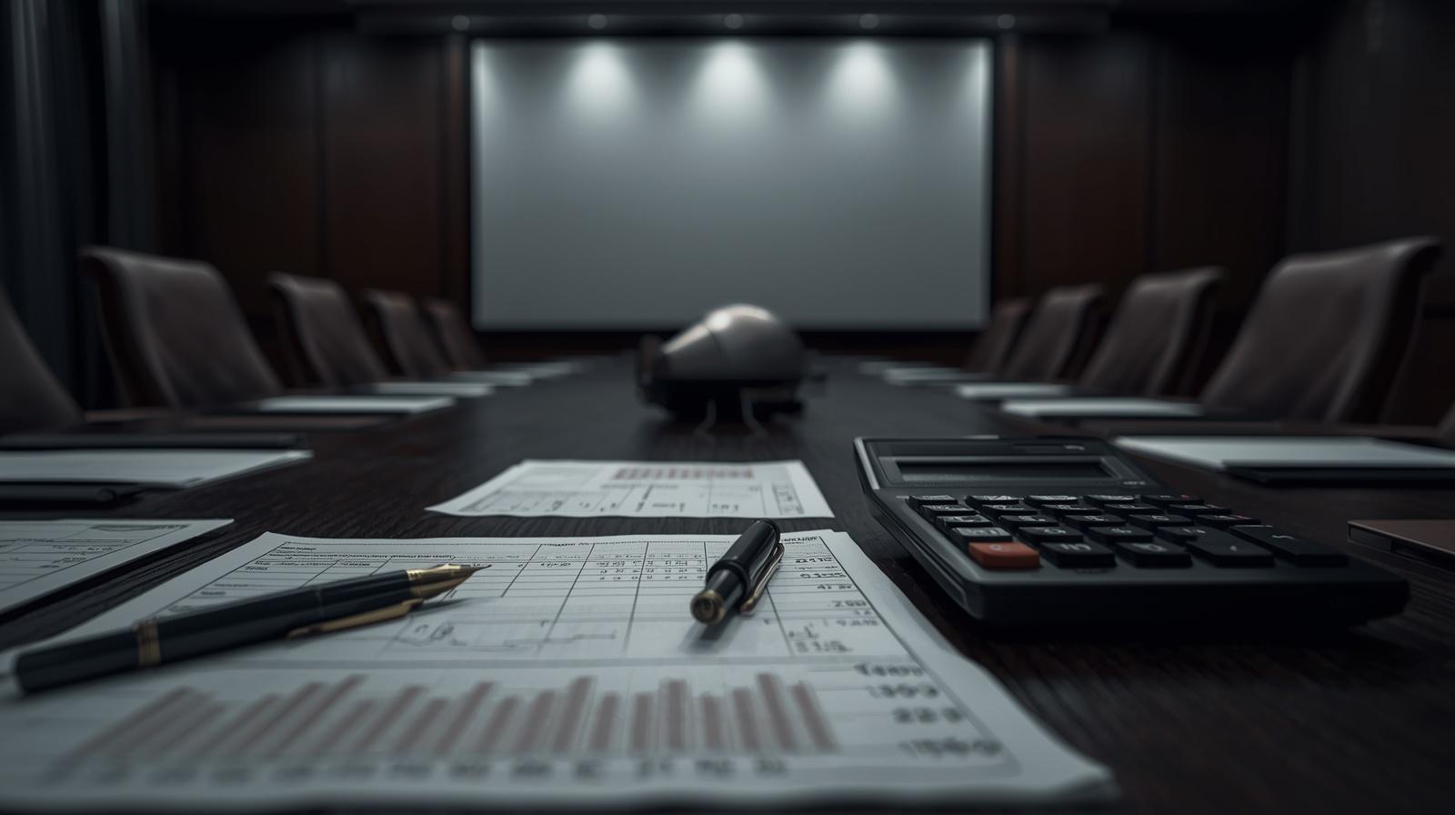 Um ambiente de sala de reuniões corporativa onde os monitores estão apagados e o foco central repousa sobre uma mesa com documentos físicos e calculadoras.
