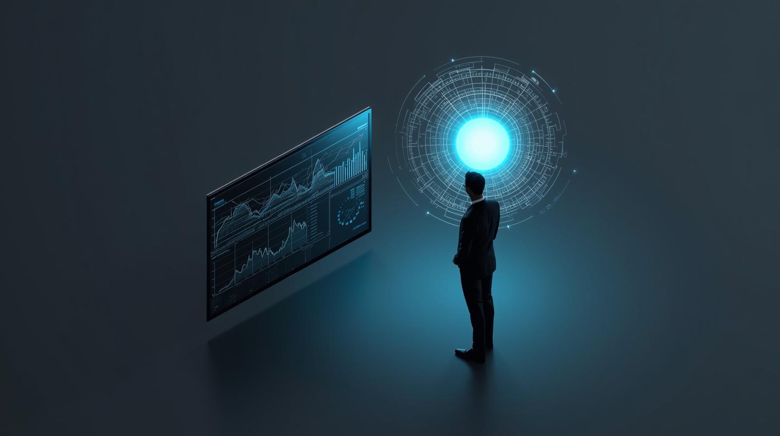 Executivo analisando dados em um monitor enquanto a lógica humana é representada por um feixe de luz independente do sistema.