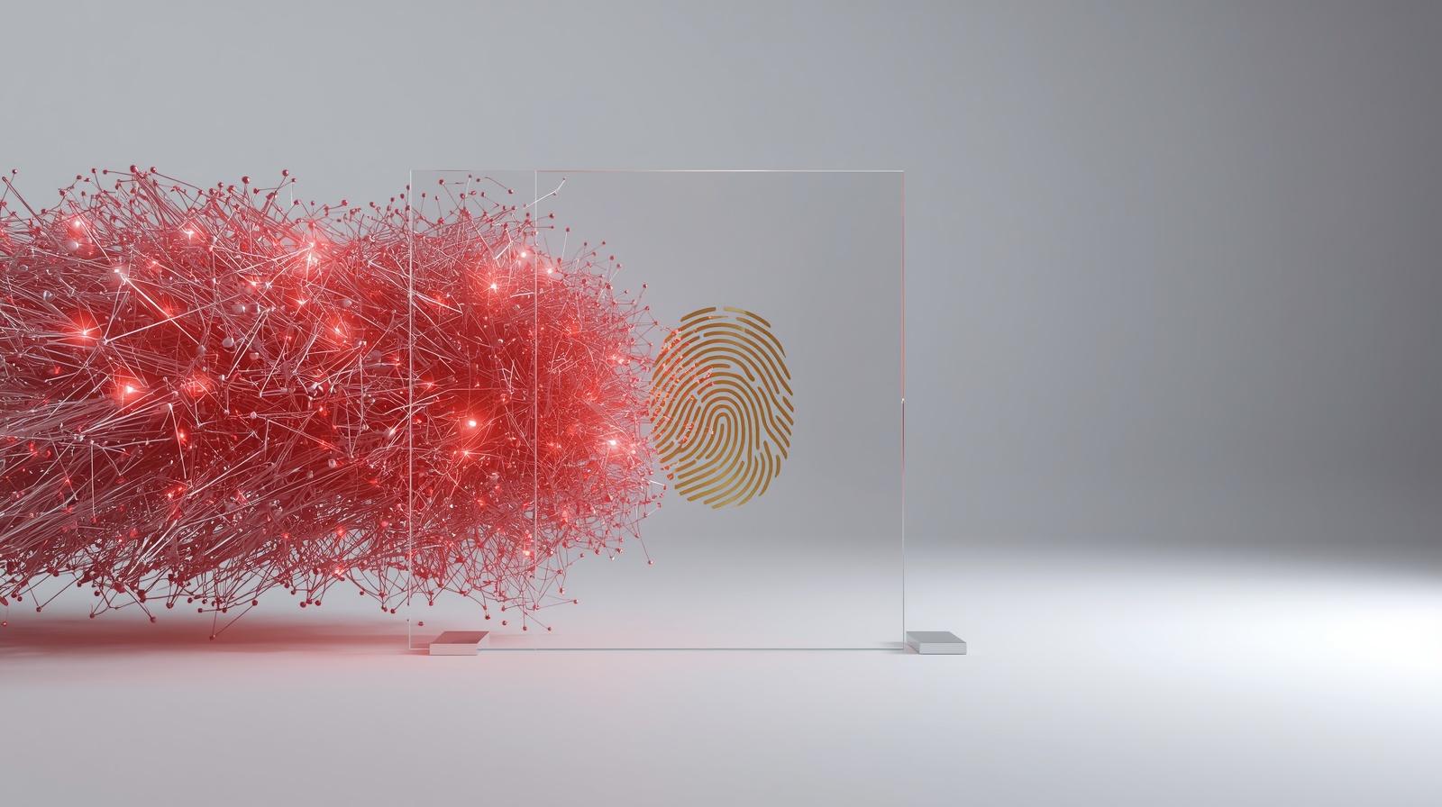 Diagrama técnico isométrico ilustrando um fluxo de dados vermelho sendo categoricamente bloqueado por uma barreira de autorização humana rigorosa.
