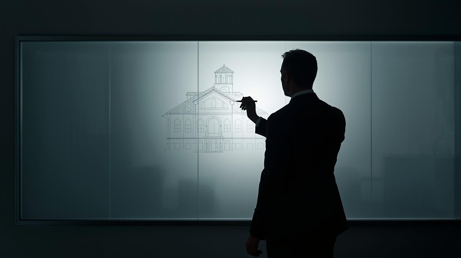 Um executivo de costas analisando um quadro branco coberto de anotações manuais complexas, sem nenhuma tela digital à vista.